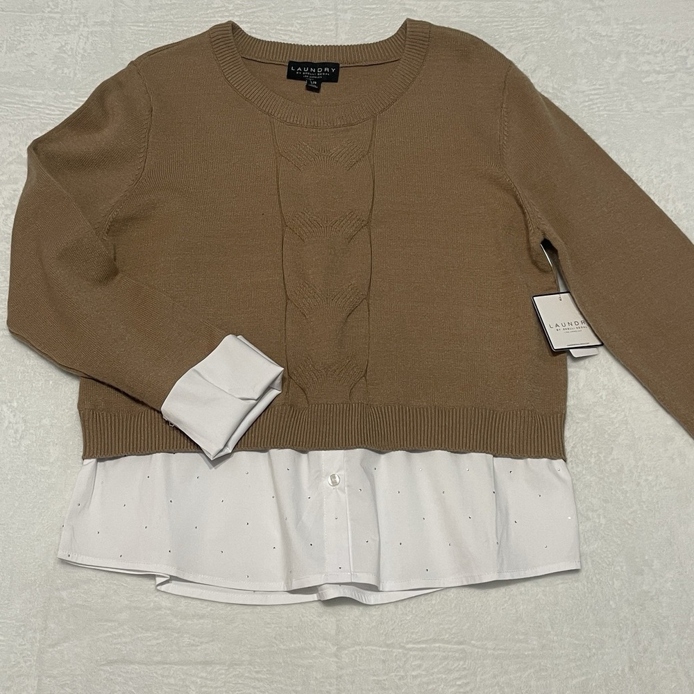 Laundry by Shelli Segal Layered Sweater Womens Large‎ Camel White NWT Rhinestone